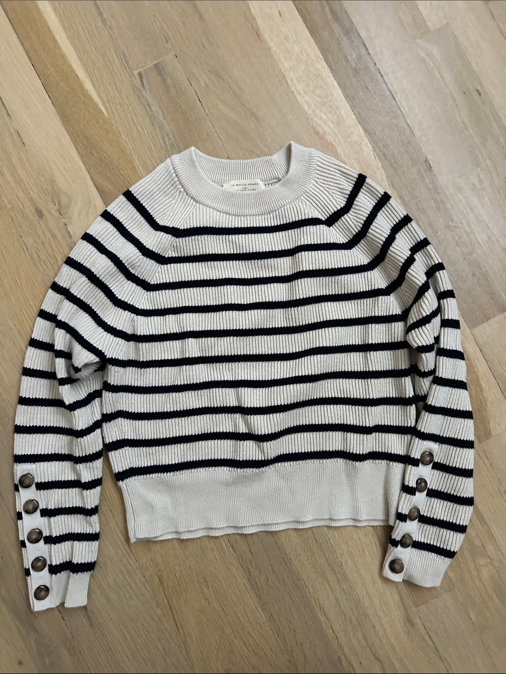 Sezane Cream and Black Striped Crewneck Sweater with Button Cuffs